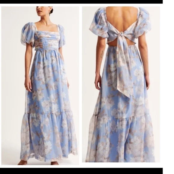 Abercrombie & Fitch Emerson Organza Puff Sleeve Maxi Dress Tie Back MP - Picture 10 of 11